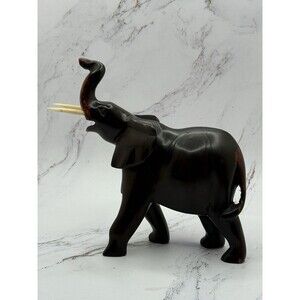 Vintage Hand-Carved Wooden Elephant 7" Figurine – Raised Trunk Good Luck Decor‎